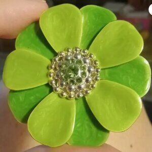 Vintage Enamel Flower Brooch, Converts to Pendant, Signed BEST, Green Pin, 70s